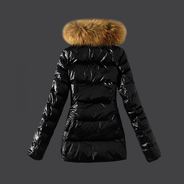 Moncler Donna lungo Giù cappotto di pelliccia collare nero Presa M1084